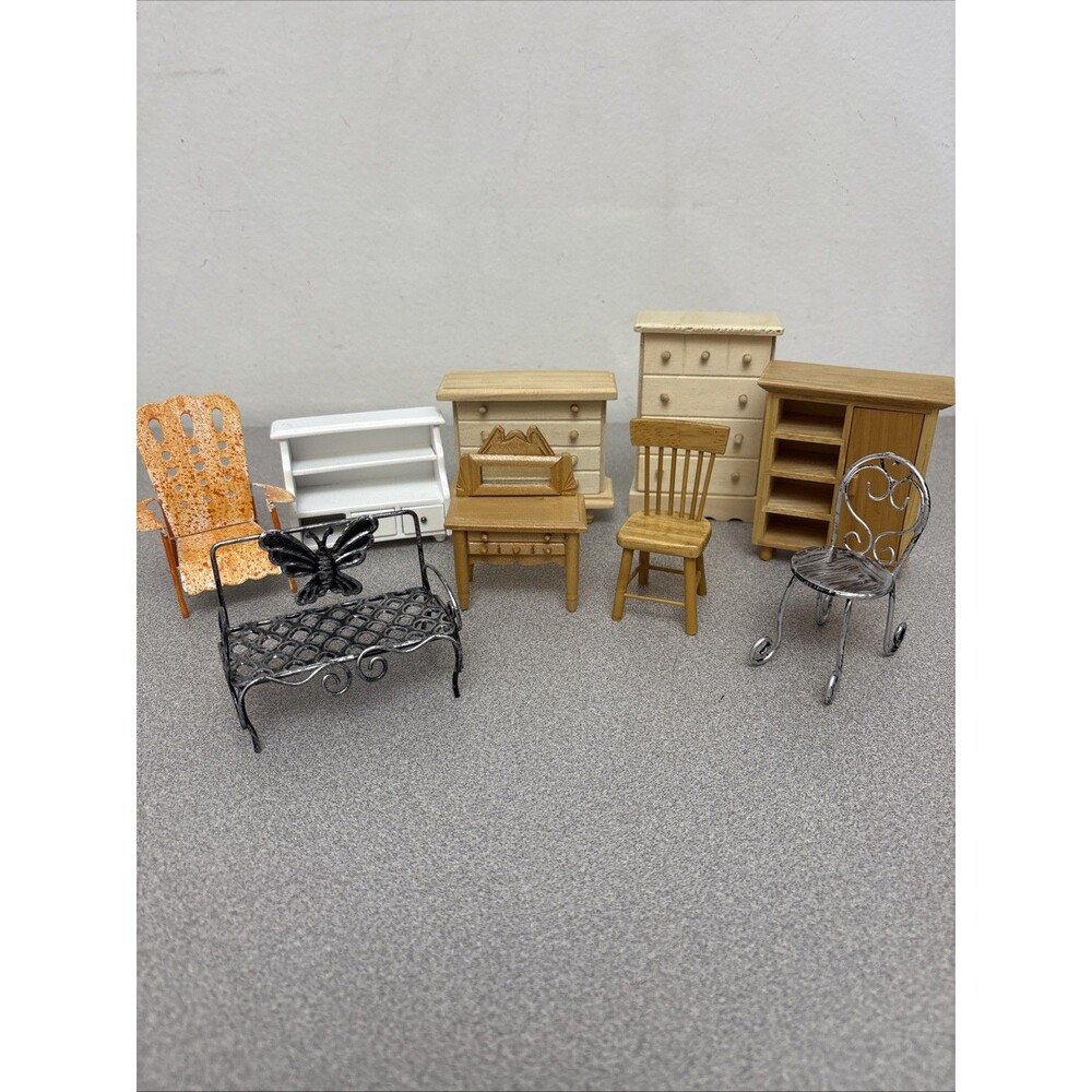 Lot Of 9 Dollhouse Miniature Furniture, Dressers, Vanity, Chairs, Bench, More